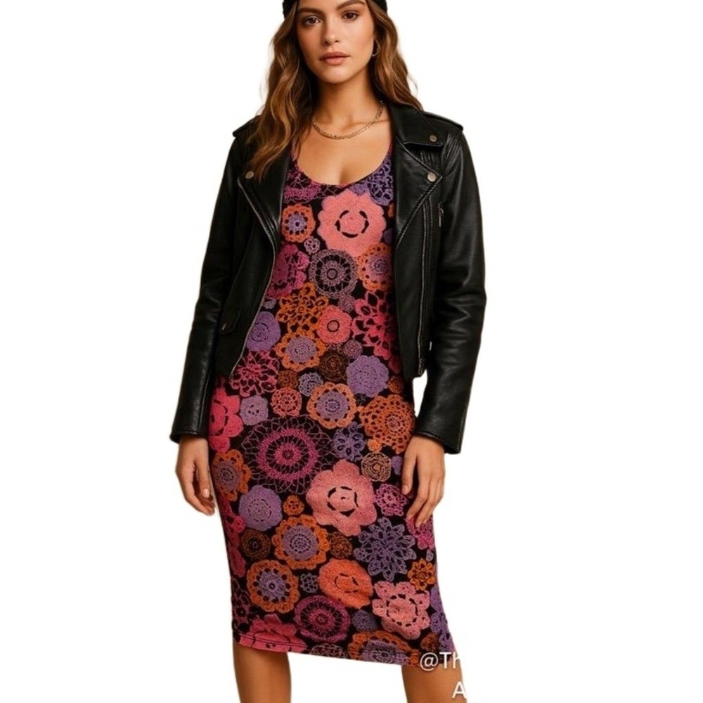 Jolie & Joy Dress Womans Medium Crochet Doily Print Bodycon Mini Indie Boho
